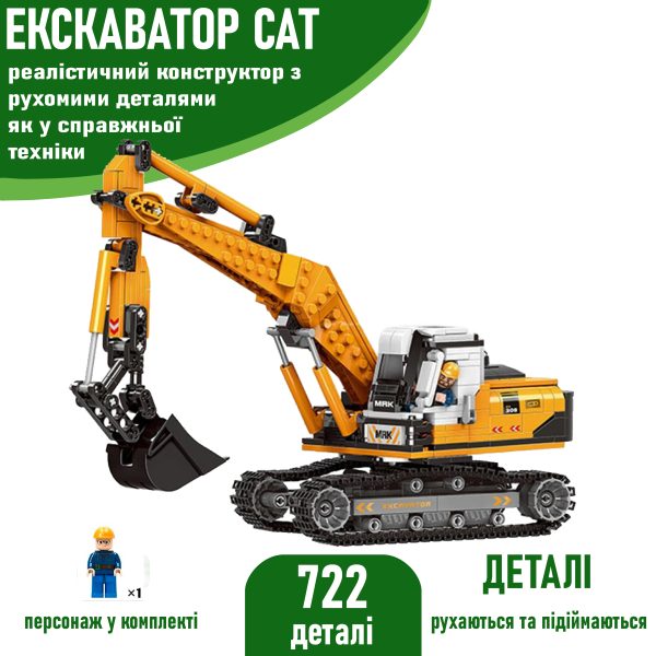 Конструктор Екскаватор (722 деталі) з фігуркою Lego будівельника Technic та рухомим ковшем та двигуном